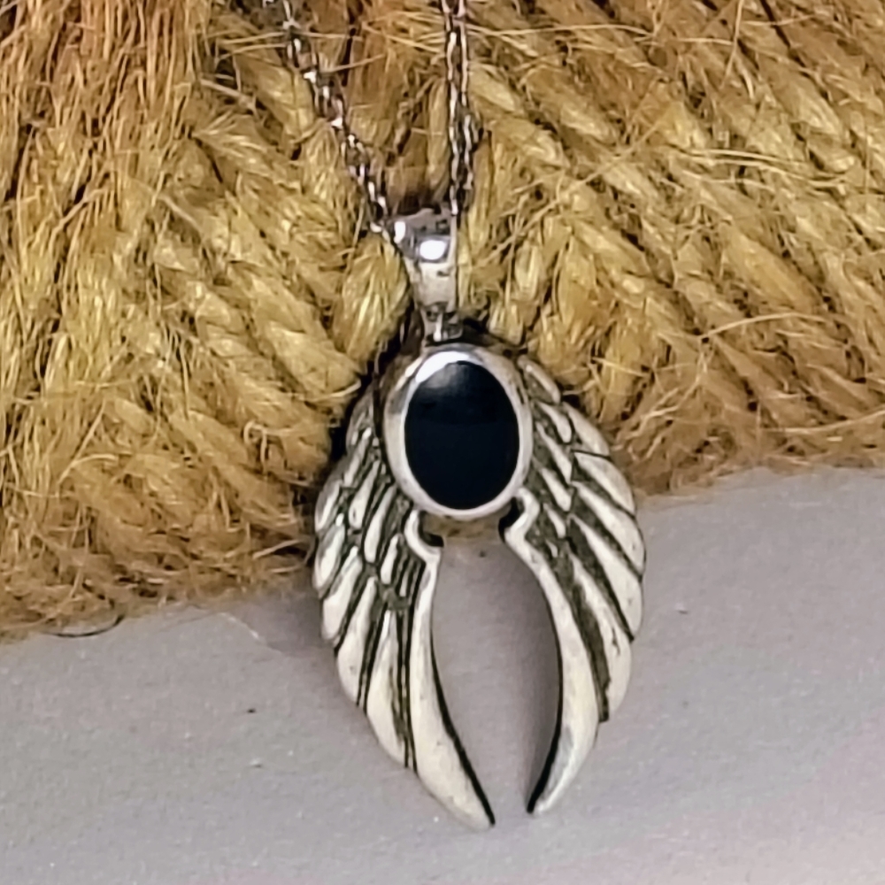 Sterling Silver Mexican Jet Wing Pendant on 17" Italian Chain Signed
